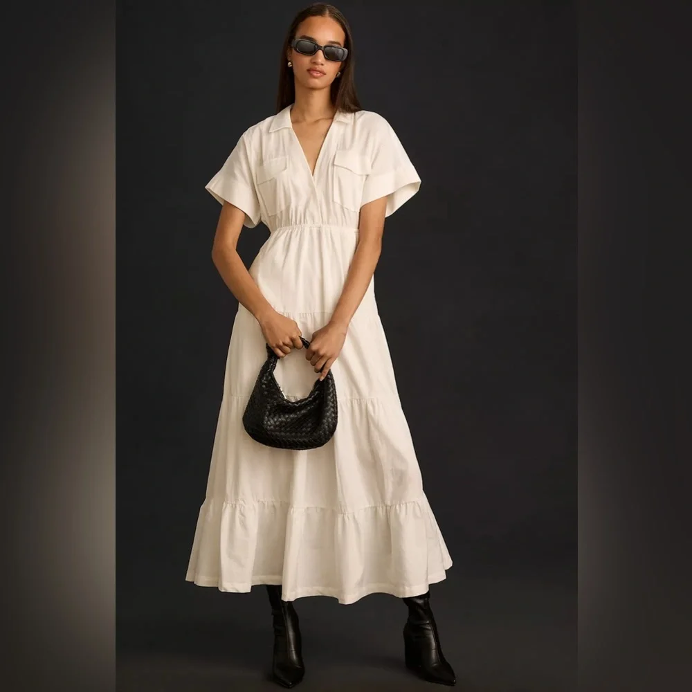 Maeve Short-Sleeve V-Neck Tiered Maxi Dress